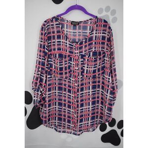 Papermoon by Stitch Fix 3/4 Roll Tab Sleeves Front Pockets Blouse Pink & Blue L